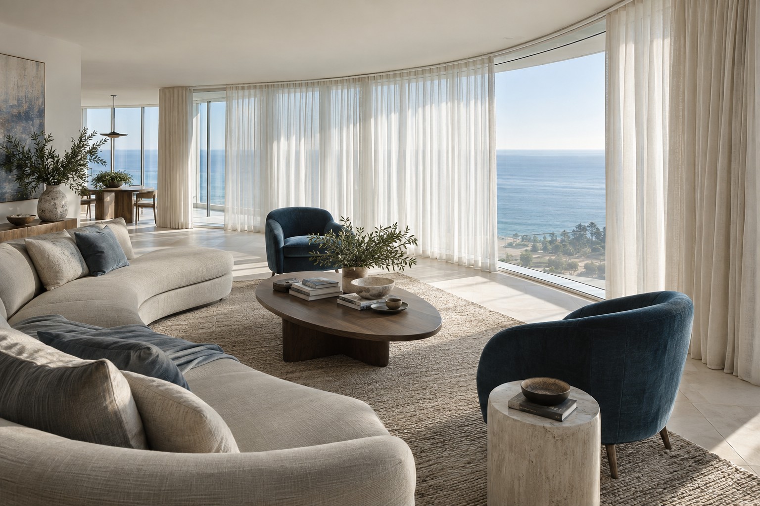 Inspiración de diseño. Visillos marfil de onda perfecta recorren un ventanal curvo frente al mar, junto a sillones de acento azul intenso.