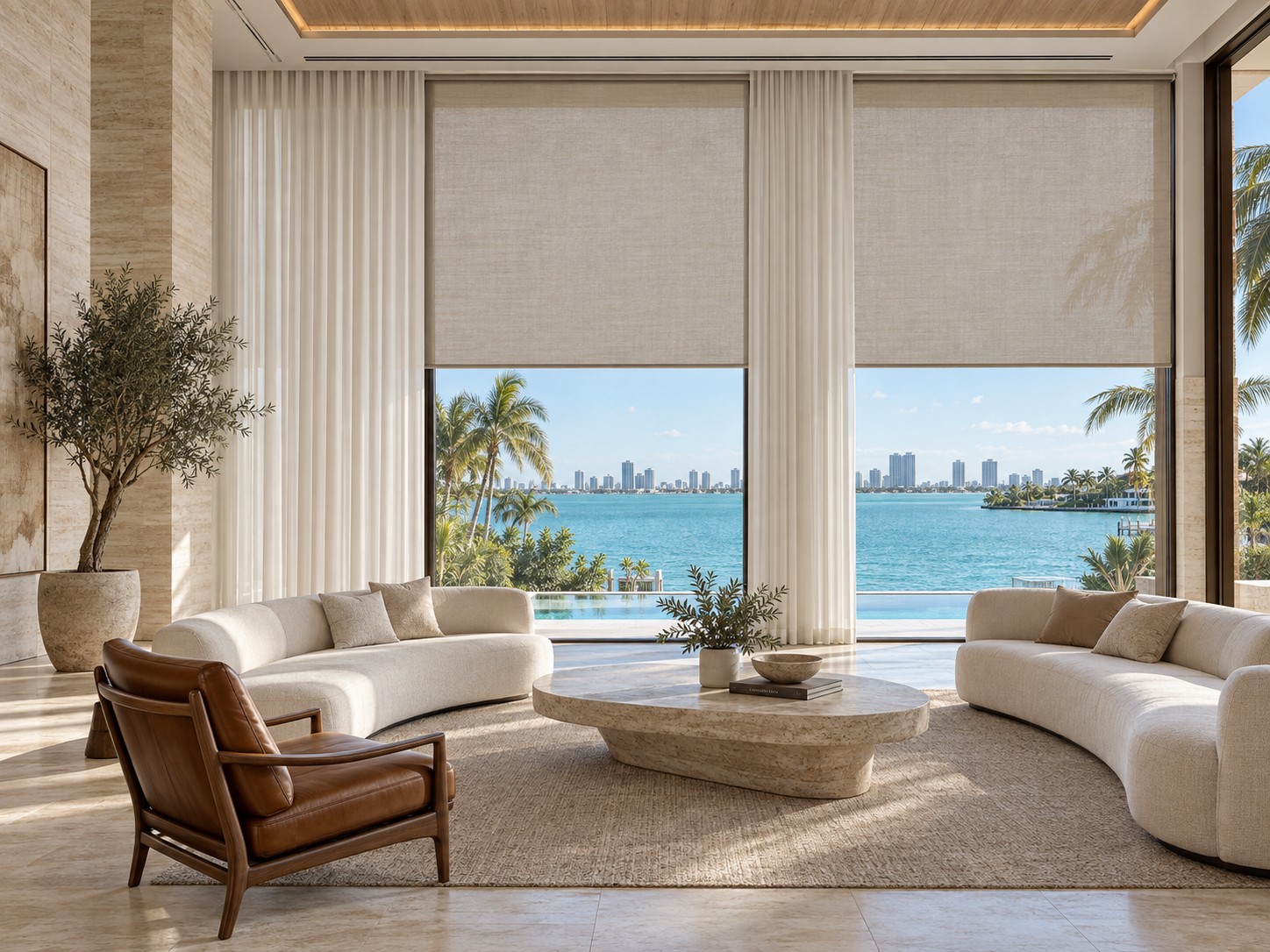 Concepto creado con IA de una gran sala frente al mar, con cortinas translúcidas marfil, persianas enrollables de aspecto tejido, acabados de travertino y sofás curvos