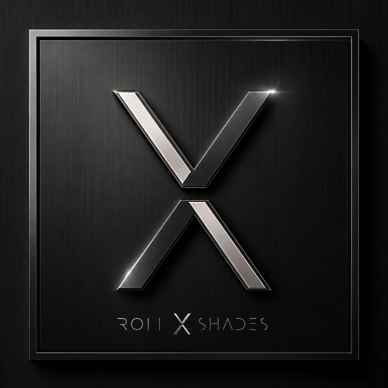 Emblema X de Rollx en plata dentro de un marco de metal cepillado; composición de marca