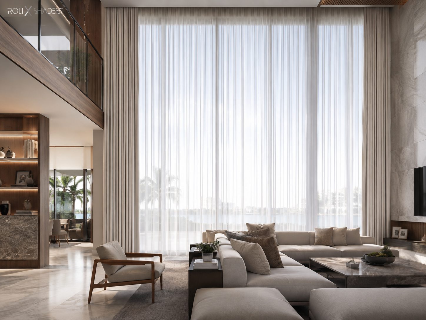 Custom sheer drapery spanning a double-height wall of glass