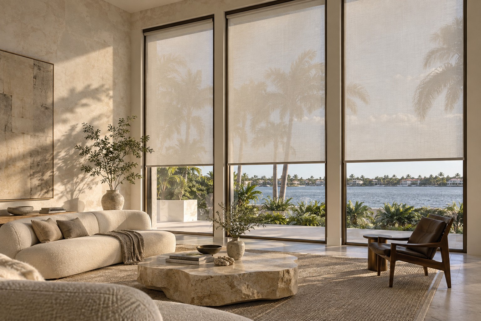 Design inspiration. Woven solar roller shades filter the light in a limestone waterfront living room.