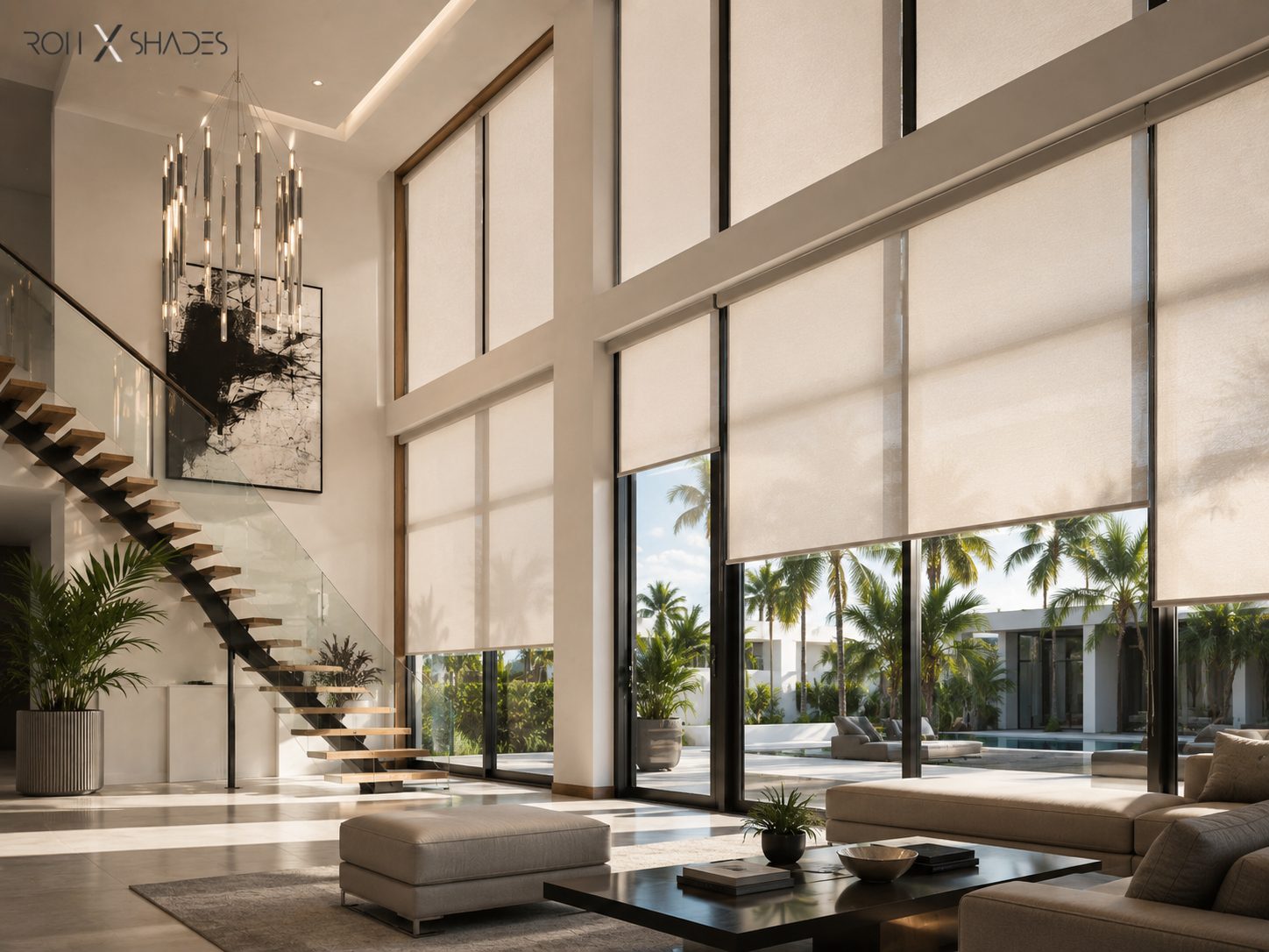 Roller shades aligned across a double-height wall of waterfront glass