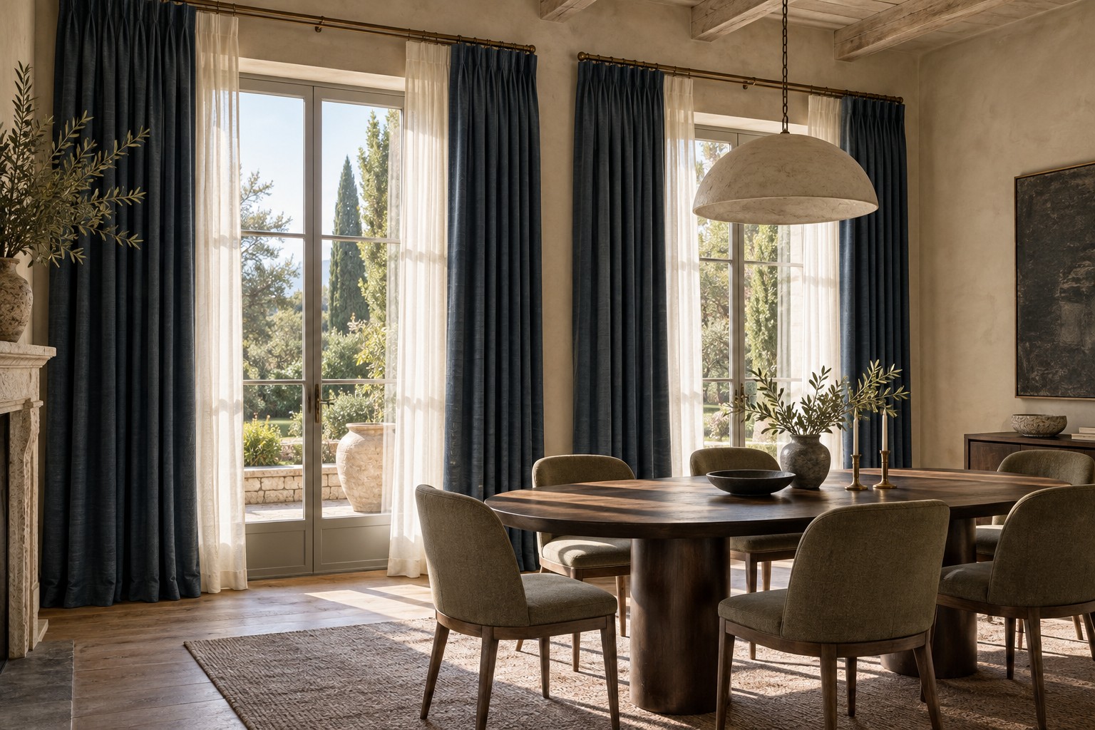 Design inspiration. Ink-blue linen panels and ivory sheers bring depth to a warm Mediterranean dining room.