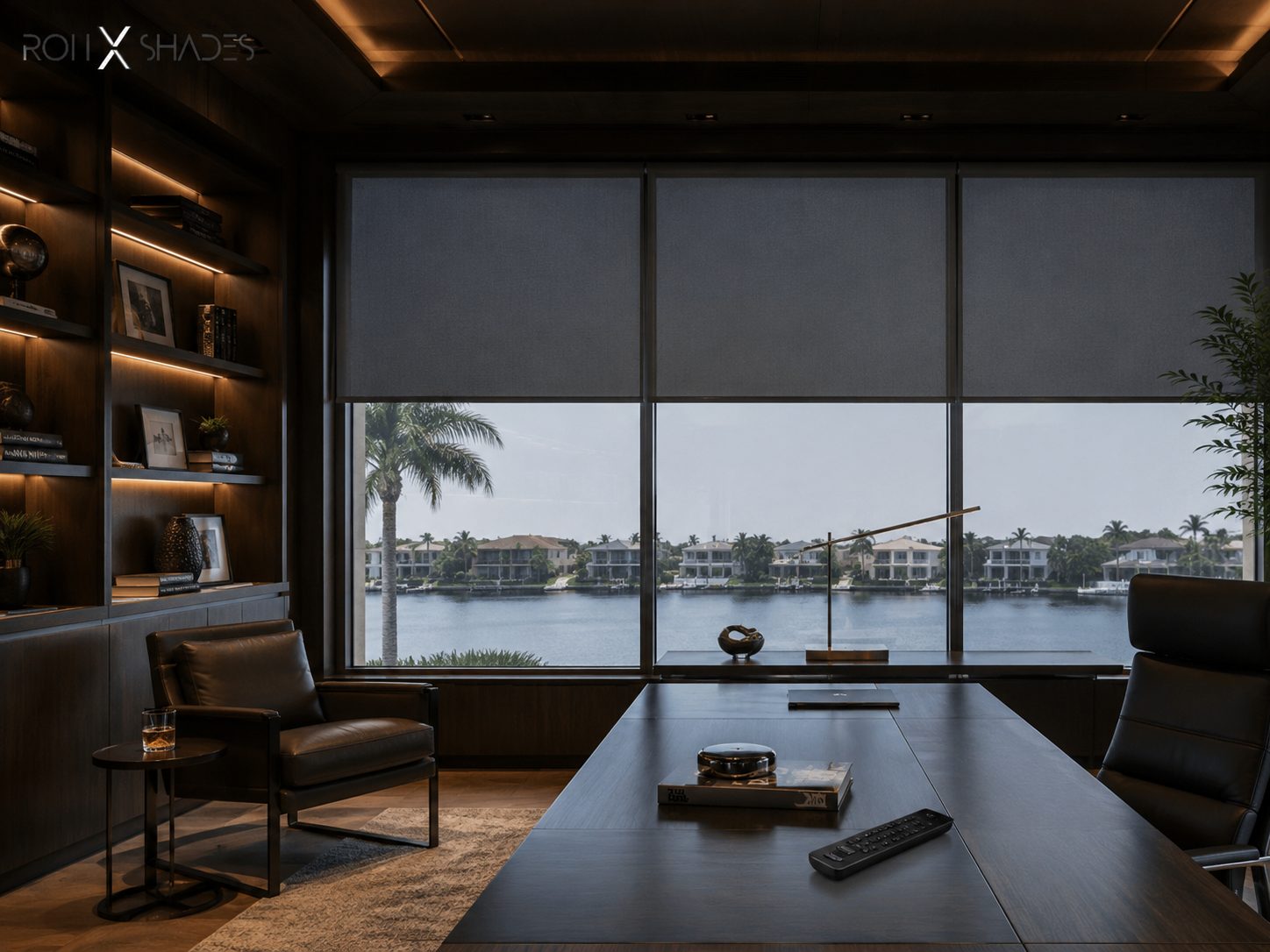 Motorized solar shades lowered across a calm waterfront office