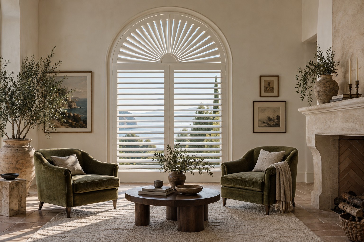 Design inspiration. An arched plantation-shutter concept frames a reading room with olive velvet chairs.