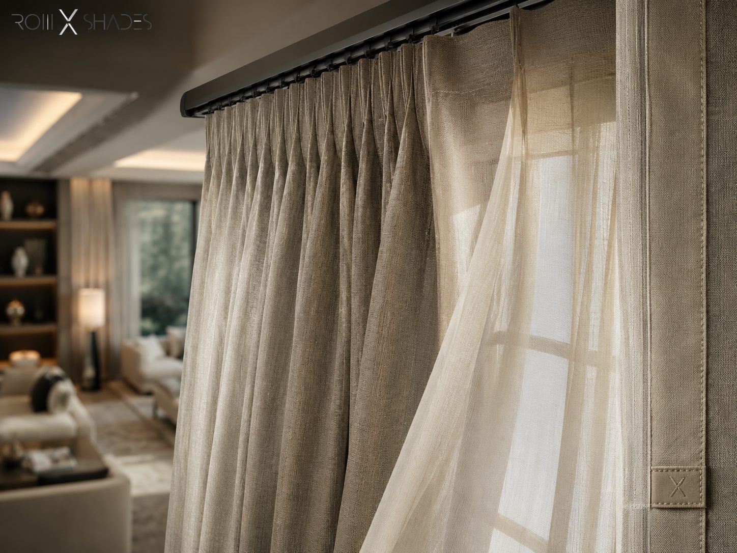 Close view of a tailored custom drapery heading on a concealed track