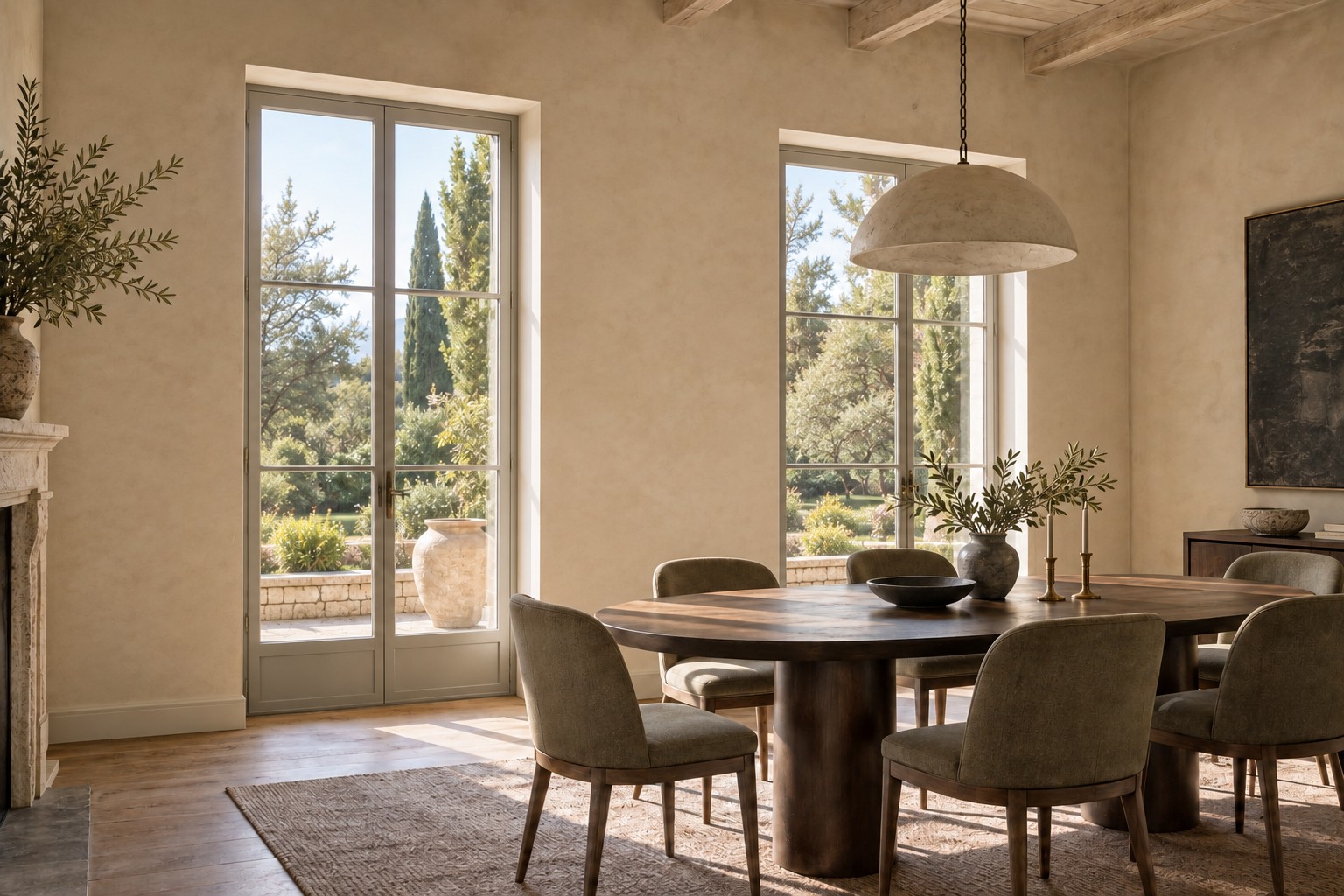 Concepto creado con IA: comedor amueblado con ventanas sin cortinas, antes de la transformación