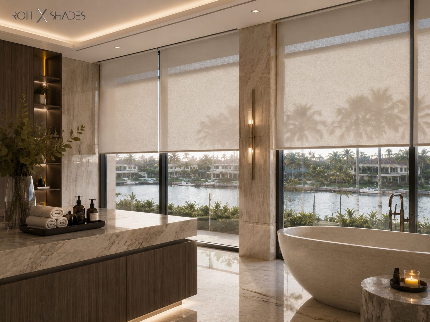Light filtering roller shades in a refined waterfront bathroom