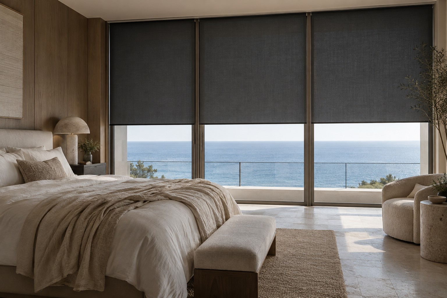 Design inspiration. Charcoal blackout roller shades contrast with pale linen and oak in an ocean-facing bedroom.