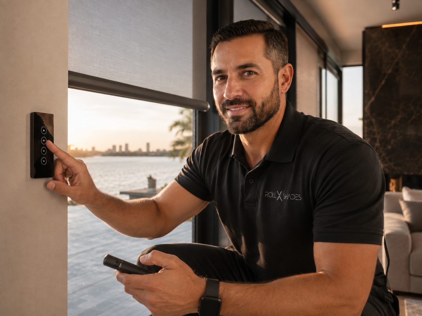 Rollx consultant demonstrating motorized shade controls at a waterfront window