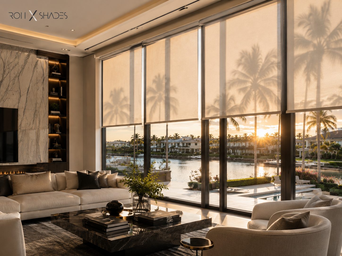 Solar roller shades filtering sunset light across a waterfront South Florida living room