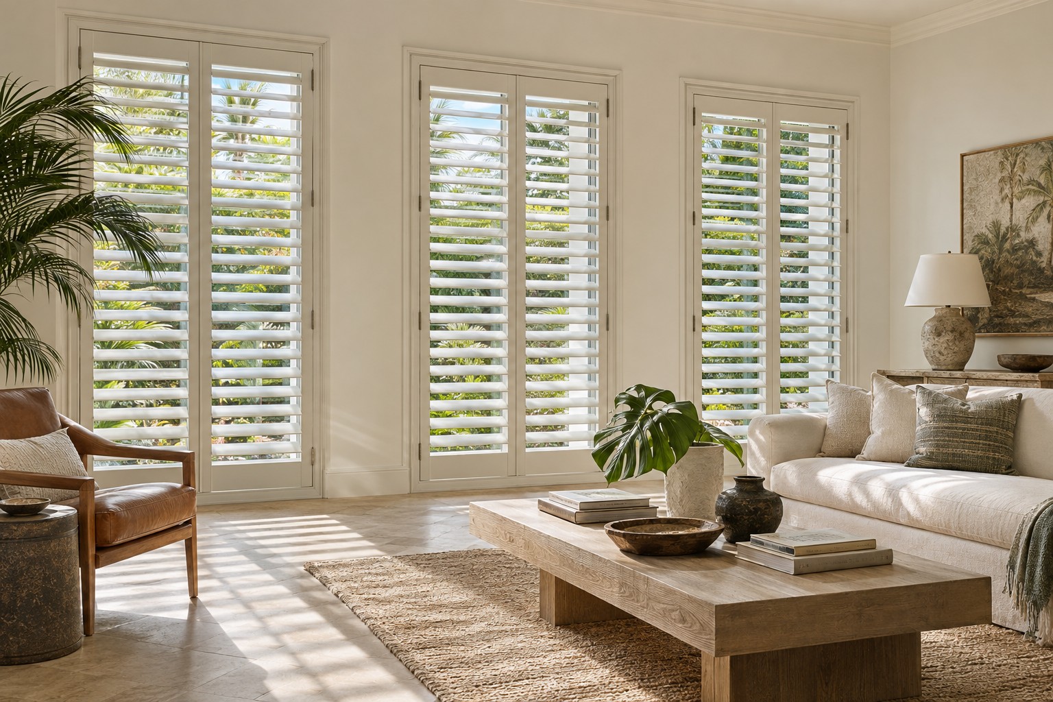 Design inspiration. White plantation shutters cast soft lines of light through a coastal living room.