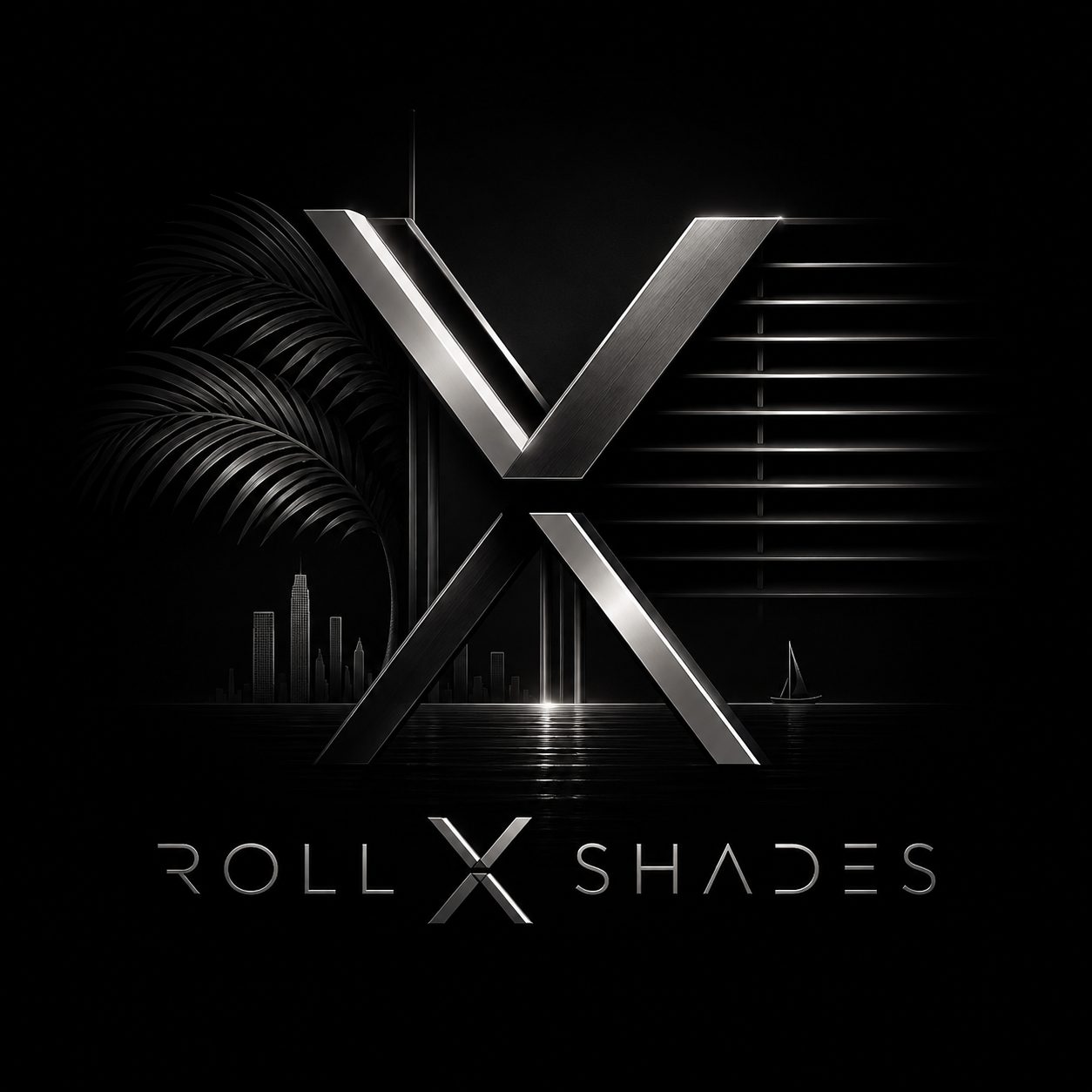 Emblema X de Rollx en plata junto a hojas de palma, lamas y una silueta costera; composición de marca